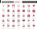 Modern education red black flat line icons vector illustration set with linear educational technology symbols for mobile