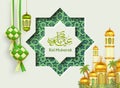 Modern Eid Mubarak Islamic holiday banner with ketupat, lantern and mosque decorations