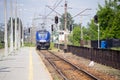 Modern electric blue cargo locomotive