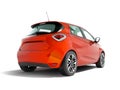 Modern electric car hatchback for the journeys for a young family red orange perspective from the bottom 3d render on a white Royalty Free Stock Photo