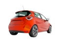 Modern electric car hatchback for the journeys for young family red orange perspective from the bottom 3d render on white backgrou Royalty Free Stock Photo