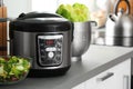 Modern electric multi cooker and food on kitchen countertop.