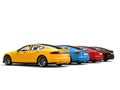 Modern electric sports cars in blue, red, yellow and black - rear view Royalty Free Stock Photo