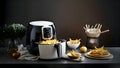 Modern electric toaster with french fries on black table against dark background