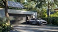 A modern electric vehicle is parked and charging in front of a house equipped with solar panels on the roof Royalty Free Stock Photo
