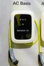 Modern electrical fast charger SKODA iV for electrical or hybrid PHEV automobiles. Future energy power. Ecology friendly charger