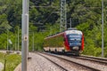 Modern electrical multiple unit train on an open track. Commuter train rushing towards the city in a rural environment on a sunny Royalty Free Stock Photo