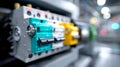 Modern electrical switchboard with colorful circuit breakers in an industrial control panel, shallow depth of field Royalty Free Stock Photo