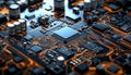 Modern electronic circuit board featuring advanced microchip technology for computing systems. Royalty Free Stock Photo