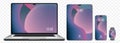 Modern electronic devices: laptop, tablet, smartphone, and smartwatch with a minimalist interface.