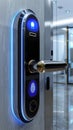 Modern electronic door handle with fingerprint password. Advanced smart lock with NFC, fingerprint, keycard