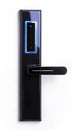 Modern electronic door handle with fingerprint password. Advanced smart lock with NFC, fingerprint, keycard