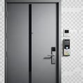 Modern electronic entry door with keypad and intercom system installed Royalty Free Stock Photo