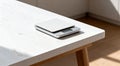 Modern electronic kitchen scale on white wooden table closeup Royalty Free Stock Photo