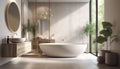 Modern elegance in domestic bathroom: luxury bathtub, marble sink, clean design generated by AI