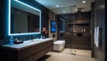 Modern elegance inside domestic bathroom luxury faucet, blue tile, glass sink generated by AI