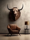 Modern elegance with this minimalist room featuring a directorial leather chair and a striking bull head