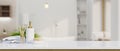 Modern elegance white marble bathroom tabletop with copy space over blurred elegance bathroom