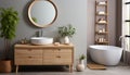 Modern, elegant bathroom design with clean bathtub, luxurious wood flooring generated by AI Royalty Free Stock Photo
