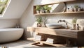Modern, elegant bathroom design with clean, comfortable, luxurious wood flooring generated by AI Royalty Free Stock Photo