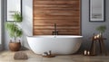 Modern, elegant bathroom design with luxurious wood flooring and bathtub generated by AI Royalty Free Stock Photo