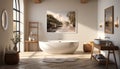 Modern, elegant bathroom design with wood flooring, luxury bathtub, and wide window generated by AI Royalty Free Stock Photo