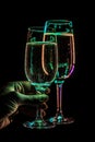 Modern, elegant, champagne glasses in neon light. Night Party life concept. Royalty Free Stock Photo