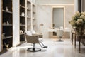 Modern and elegant interior design of professional beauty salon and spa with luxury styling chair Royalty Free Stock Photo