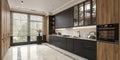 Modern elegant kitchen with black and wooden cupboards Royalty Free Stock Photo