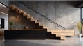 modern elegant L shape wood cantilever stair with black granite base staircase Royalty Free Stock Photo