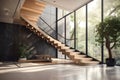 Modern, elegant L shape wood cantilever stair with black granite base staircase. AI generated Royalty Free Stock Photo