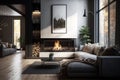 Dark living room loft with fireplace, industrial style, in a beautiful house. generative ai Royalty Free Stock Photo