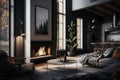 Modern Elegant living room with fireplace, industrial style, in a beautiful house, Generative AI Royalty Free Stock Photo