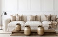 modern, elegant living room with a pristine white sofa adorned with patterned cushions. A wooden coffee table displaying Royalty Free Stock Photo