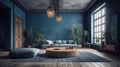 Modern elegant minimalistic luxury living room in blue tones. Blue walls, sofa and ottoman, round coffee table, parquet