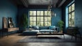 Modern elegant minimalistic luxury living room in blue tones. Blue walls and a sofa, wooden coffee table, parquet floors