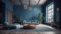 Modern elegant minimalistic luxury living room in blue tones. Blue walls and a sofa, a round coffee table, a gray