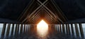 Modern Elegant Triangle Wood Columns Roof Structure On Tiled Concrete Cement Floor Glowing Orange Light Flare Daylight Realistic