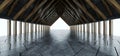 Modern Elegant Triangle Wood Columns Roof On Tiled Concrete Cement Floor Daylight Realistic Empty Tunnel Corridor Gate Path Way 3D