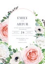 Modern elegant vector floral wedding invitation, invite, save the date card. Blush pink, peach, ivory garden roses, white anemone Royalty Free Stock Photo