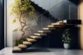 Modern elegant wood cantilever staircase, created with Generative AI technology