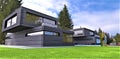 Modern elite townhouses in a clearing among tall fir trees. Individual design of the facade and layouts. Exterior made of