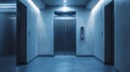 modern, empty building hallway featuring elevator and stairs, illuminated with soft blue lighting, creating calm and serene Royalty Free Stock Photo