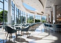 Modern empty cafeteria and food court in business center with large windows.AI Generative