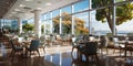 Modern empty cafeteria and food court in business center with large windows.Wide angle.AI Generative Royalty Free Stock Photo