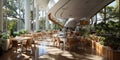 Modern empty cafeteria and food court in business center with large windows.Wide angle.AI Generative Royalty Free Stock Photo