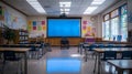 Empty modern classroom with blue projector screen, rows of desks, chairs, natural light from windows, peaceful. Royalty Free Stock Photo