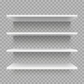 Modern empty 3d bookshelf. Retail shop shelf on wall. White shelves with shadow vector set