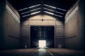 Modern empty dark storehouse with light at the end Royalty Free Stock Photo