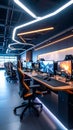 Modern empty esports gaming arena with futuristic neon lighting and high tech computer stations Royalty Free Stock Photo